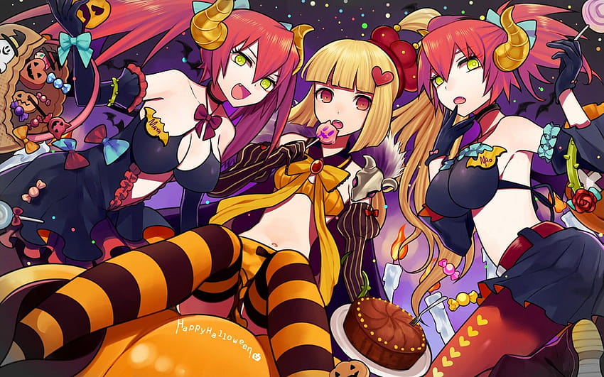 blondes, Halloween, candy, cleavage, skirts, horns, red eyes, short hair, thigh highs, open mouth, anime girls, Hair Bow, hair ornaments, original character ::, anime characters halloween HD wallpaper