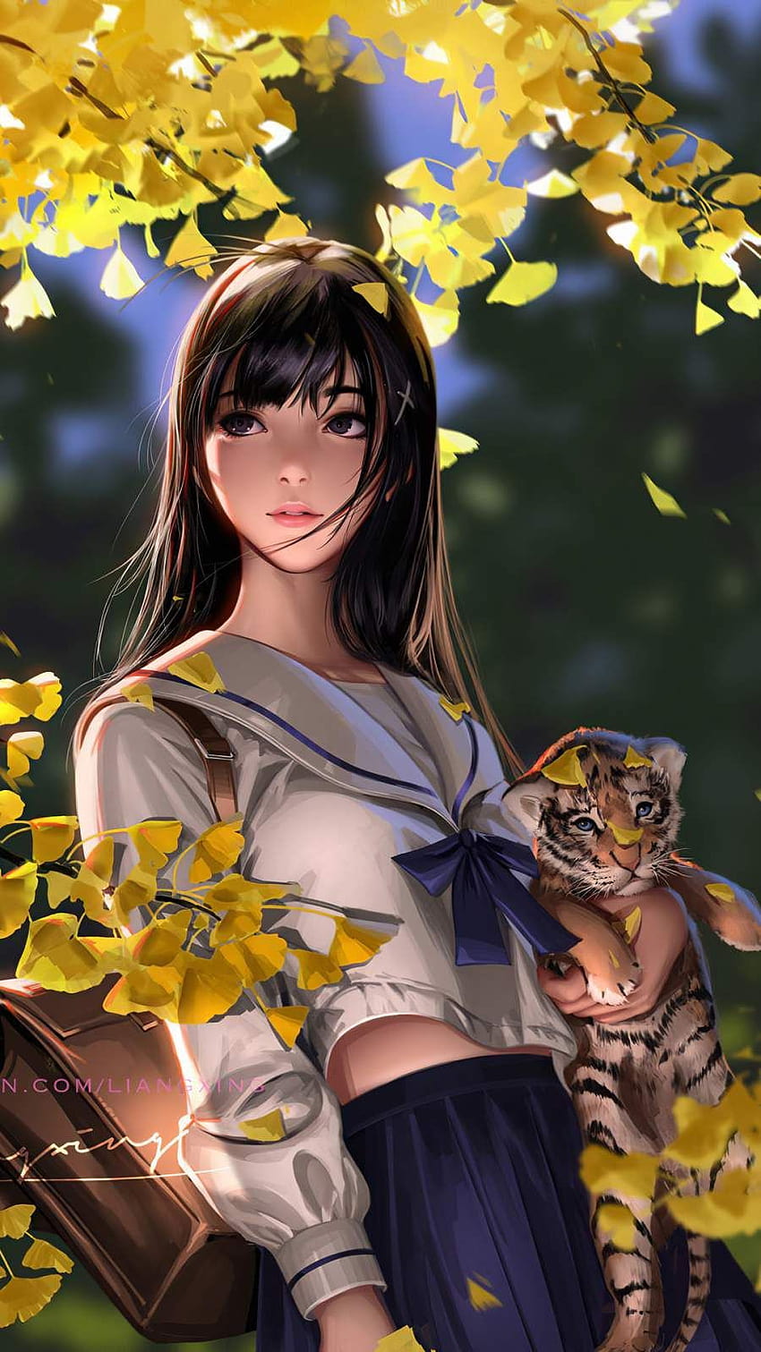 Autumn Girl with Cubs iPhone, autumn brown anime HD phone wallpaper