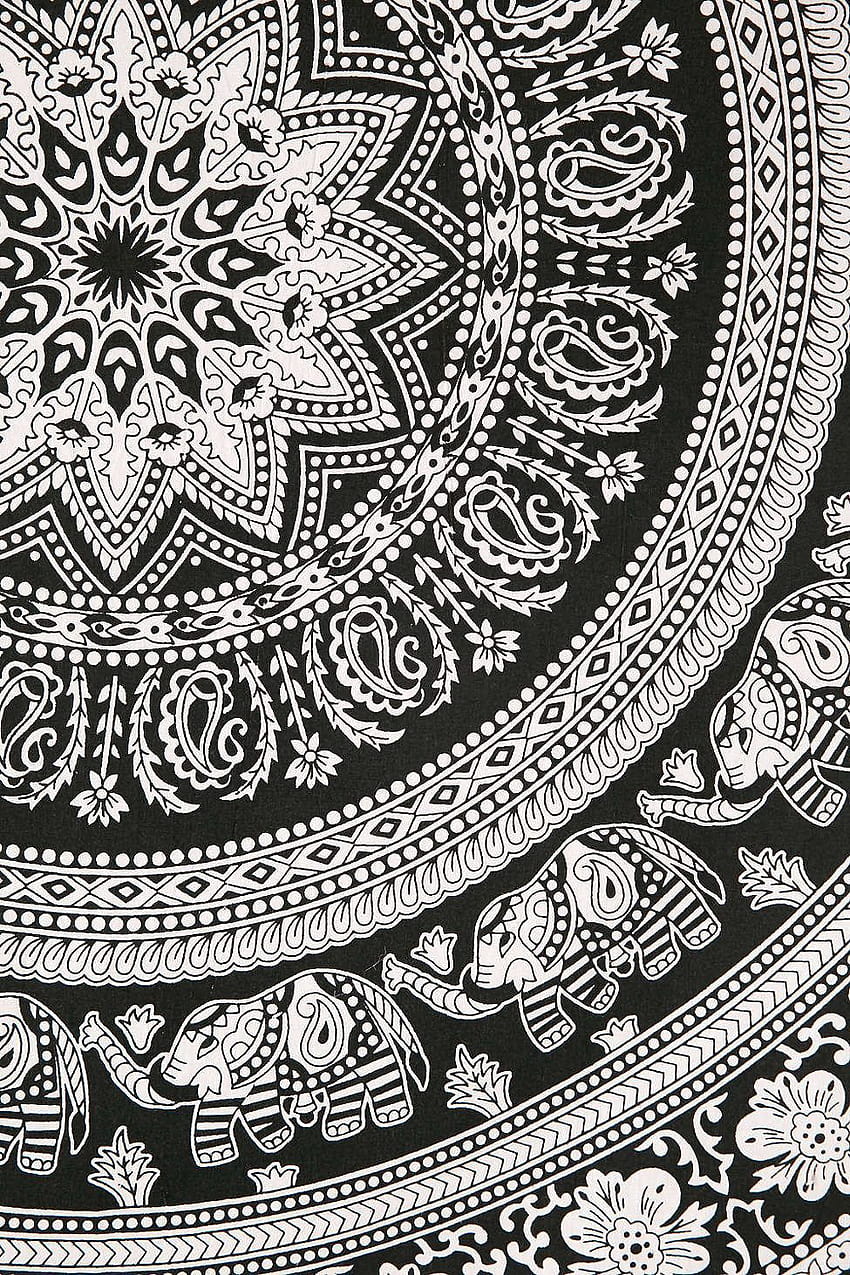 Tenture murale de tapisserie de mandala indien de méditation d'éléphant noir blanc D Fond d'écran de téléphone HD