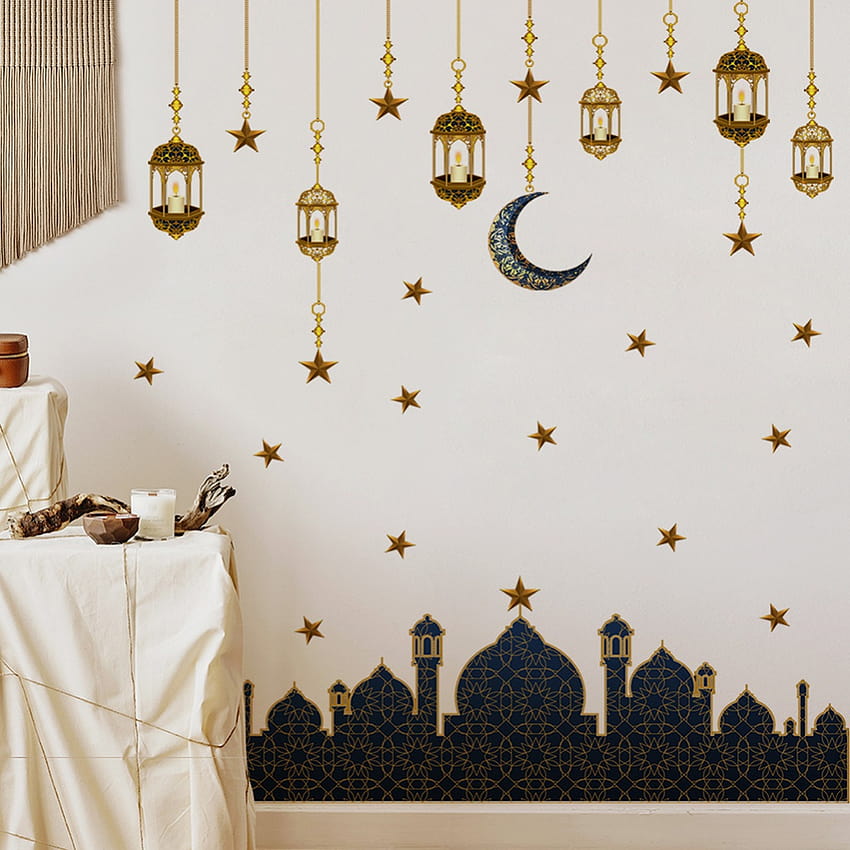 Ramadan Dekoracje na Naklejki Okienne, Islamskie Muzułmańskie Eid Naklejki Ścienne, Eid Mubarak Ramadan Decor Księżycowa Latarnia Naklejki Kalkomanie, Okno przylega Ramadan Dekoracja Salon Sypialnia Tapeta na telefon HD