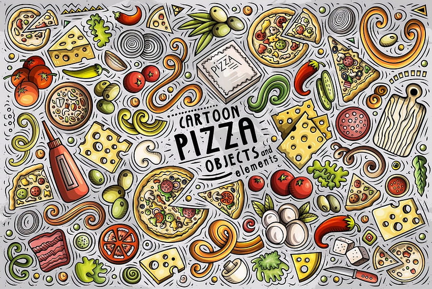 Cartoon Colorful Fast Foods and Pizza Mural, pizza cartoon HD wallpaper