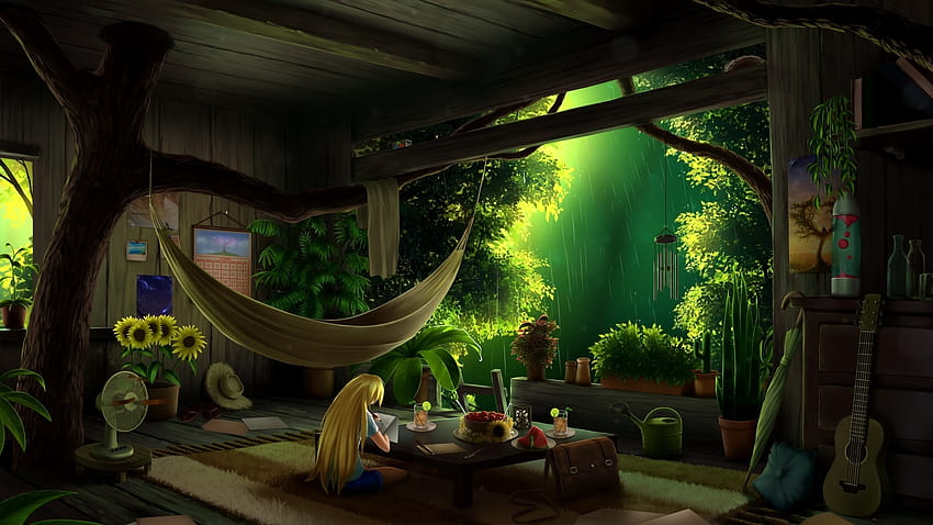 Blonde, Tree, Mood, Botanical Room, Anime Girl, Studying, Raining, anime girl studying HD wallpaper
