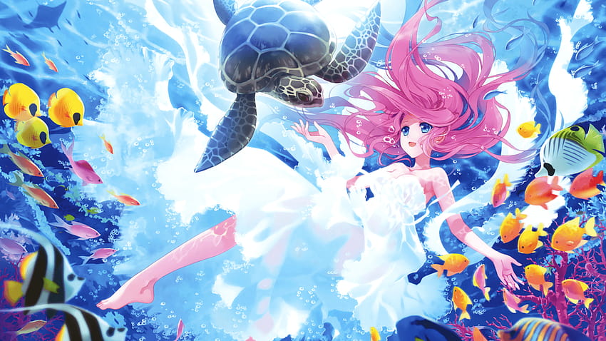 Kawaii, Mermaid, Turtle, Fishes, Underwater, , Anime, anime kawaii HD wallpaper