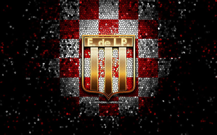 Estudiantes FC, logo gemerlap, Divisi Primera Argentina, latar belakang kotak-kotak merah putih, sepak bola, klub sepak bola Argentina, logo Estudiantes de La Plata, seni mosaik, sepak bola, Klub Estudiantes de La Plata Wallpaper HD