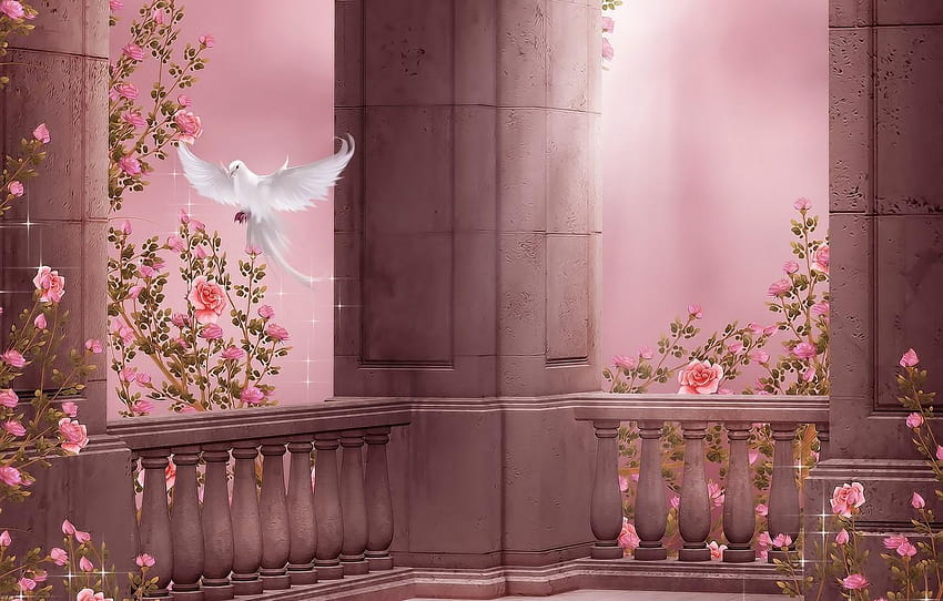 flowers, dove, roses, columns, flight, flowers HD wallpaper