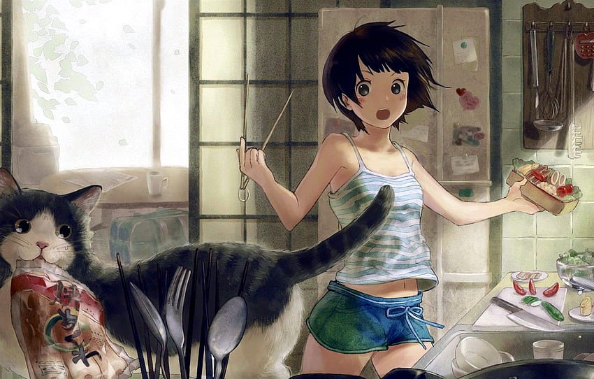 소녀, 반바지, 애니메이션, 음식, 고양이, 짧은 머리, 동물, 애니메이션 소녀 짧은 머리 HD 월페이퍼