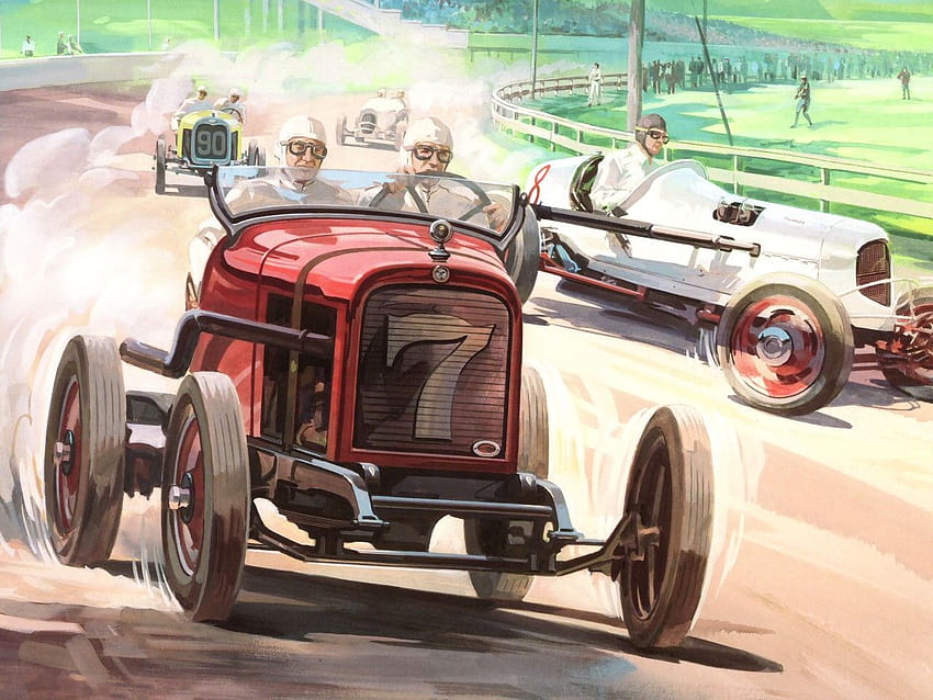 1932 Dodge Plymouth Dirt Track Race Cars Artist Rendition Red White Fvr, състезания по черна писта HD тапет