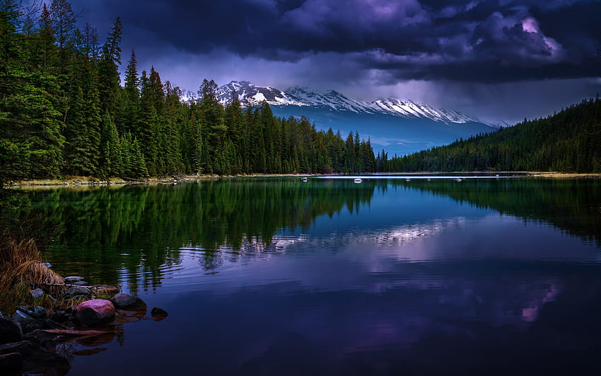 nature, Landscape, Mountain, Forest, Evening, Lake, Clouds, Snowy, evening at the lake HD wallpaper