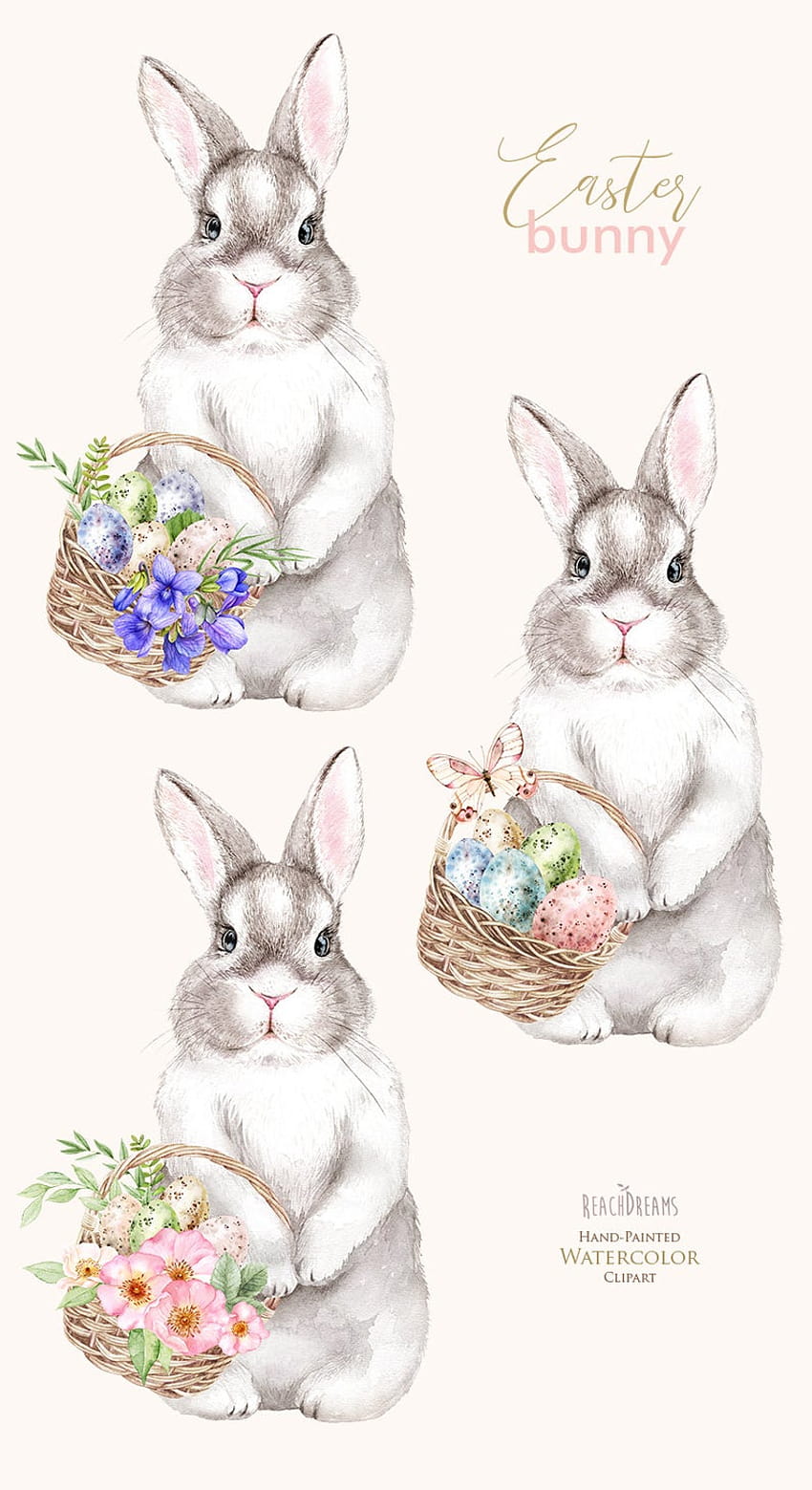 Clipart de lapin de Pâques aquarelle. Oeufs de papillons floraux., aquarelle de Pâques Fond d'écran de téléphone HD