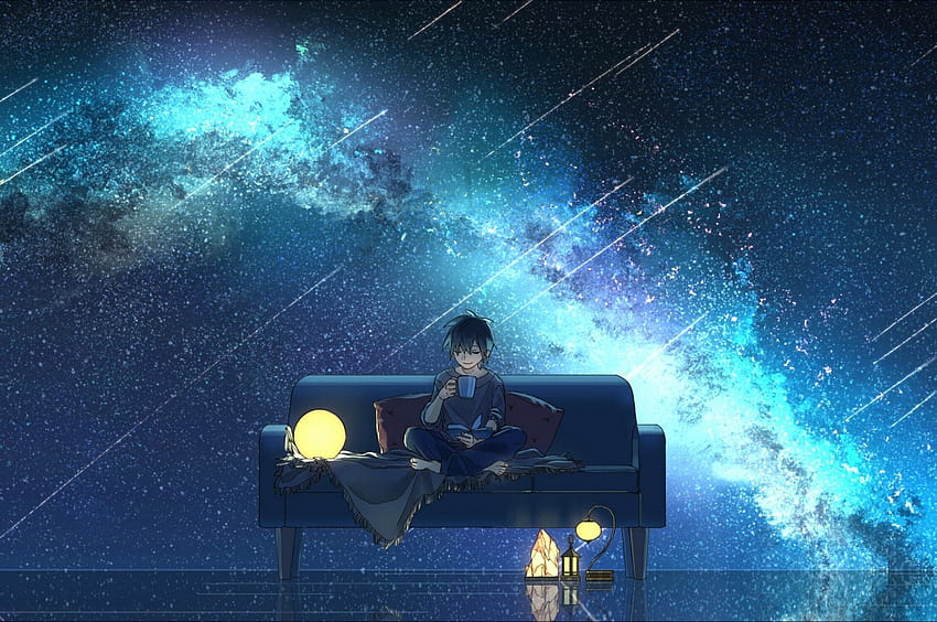 2560x1700 Anime Boy, Anime Landscape, Starry Sky, Night, Scenery, Barefoot, Drink, Faling Stars untuk Chromebook Pixel Wallpaper HD