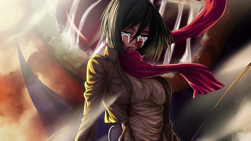 Attack On Titan Mikasa Ackerman Crying With Red Scarf Anime HD wallpaper