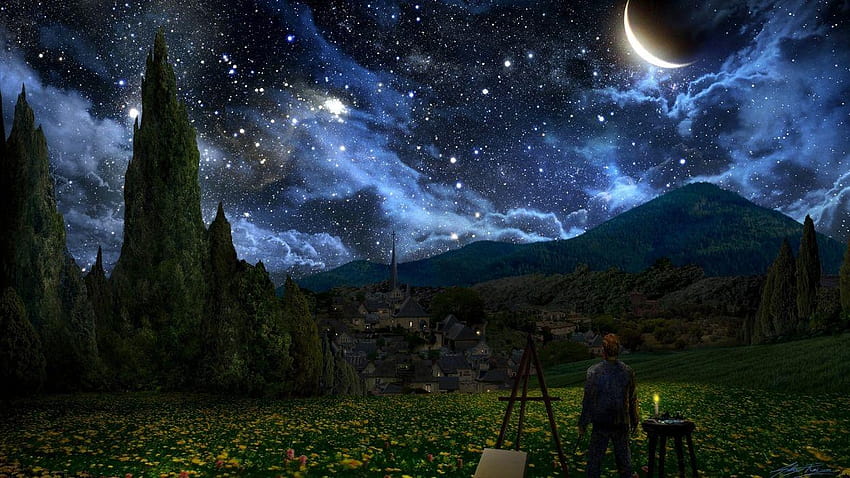 Pintando a noite estrelada de Vincent van Gogh, a noite estrelada papel de parede HD