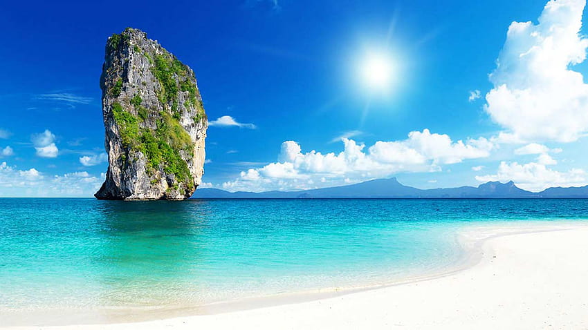 Beautiful Blue Sea Rock Sun Sky With White Clouds Krabi Thailand, clouds and sky thailand HD wallpaper