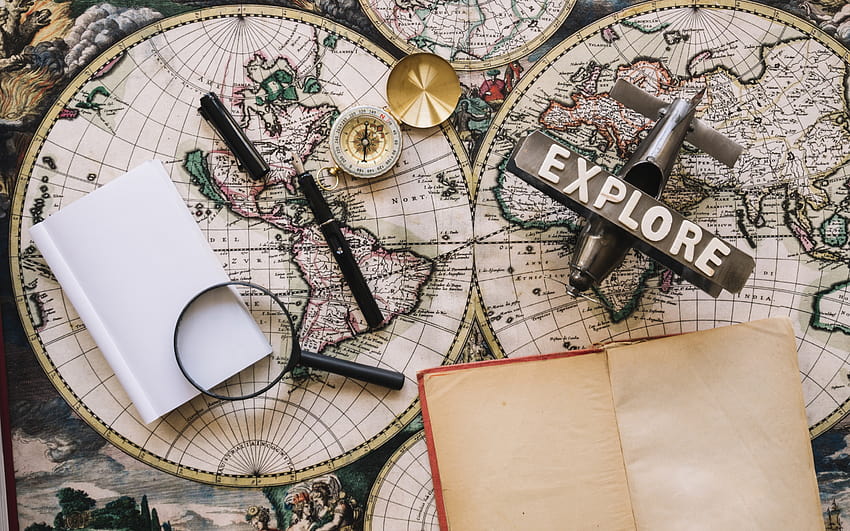 compass on world map, retro travel background, old retro card, vintage world map, magnifier, air travel concepts, travel concepts with resolution 2880x1800. High Quality, vintage travel HD wallpaper