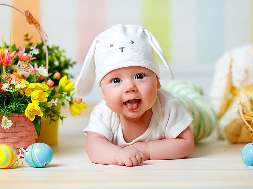 Easter Infants Smile Eggs child Tongue Winter 1600x1200, easter children HD wallpaper