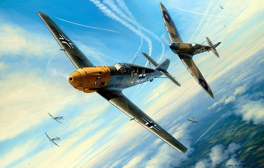 ฟิกเกอร์, Messerschmitt, การรบแห่งอังกฤษ, RAF, กองทัพอากาศ, สงครามโลกครั้งที่สอง, Supermarine, Dogfight, Spitfire Mk.I, Bf.109E วอลล์เปเปอร์ HD