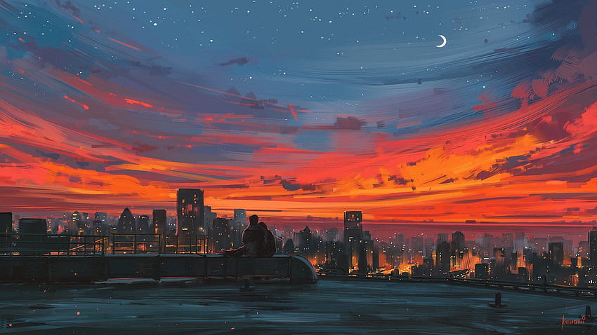 Aenami, 都市の景観, カラフル, 都市, 日没, 空、anime city sunset 高画質の壁紙