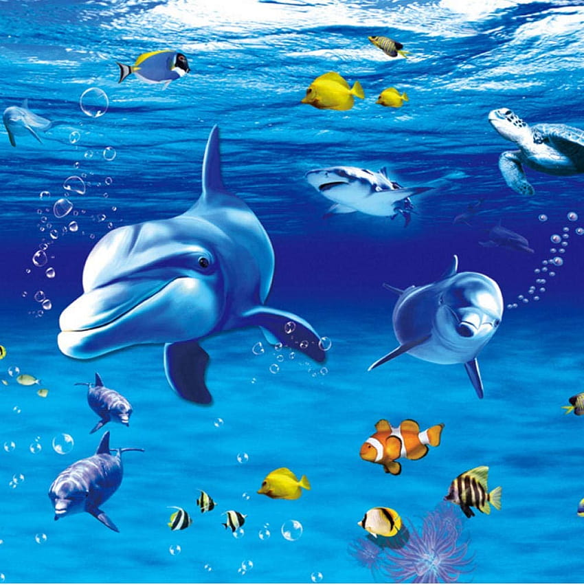 Подводен свят Син дълбок океан Карикатура Стенопис на акула Всекидневна Спалня Декорация на стена на тавана Не, подводна карикатура HD тапет за телефон