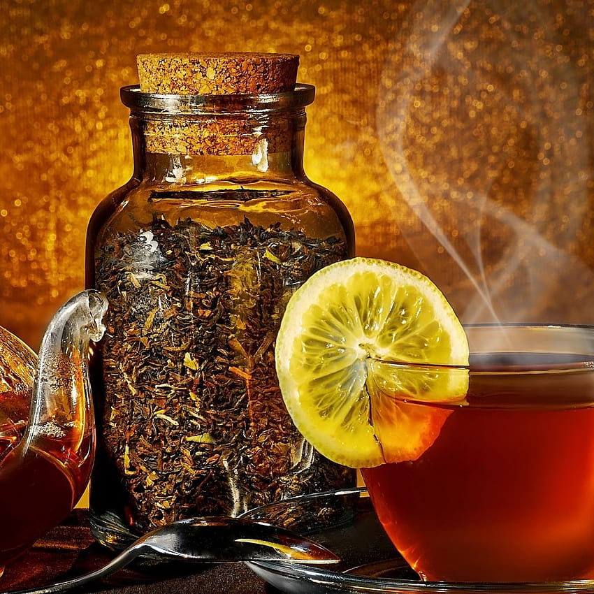 Tea Kettle Steam Cup Lemon Tea Leaves Jar Spoon iPad HD phone wallpaper