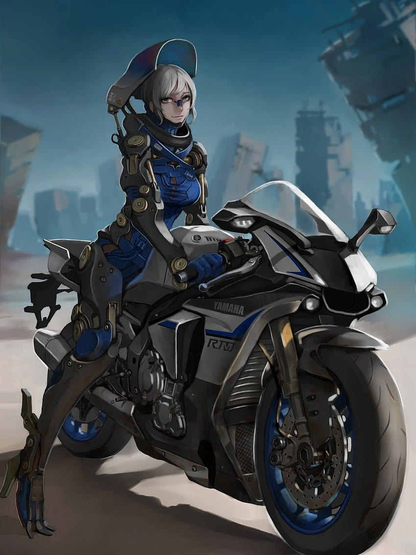 Mädchen fährt graues Yamaha-Sportrad, Anime, Anime-Mädchen, Mädchen fährt Fahrrad HD-Handy-Hintergrundbild