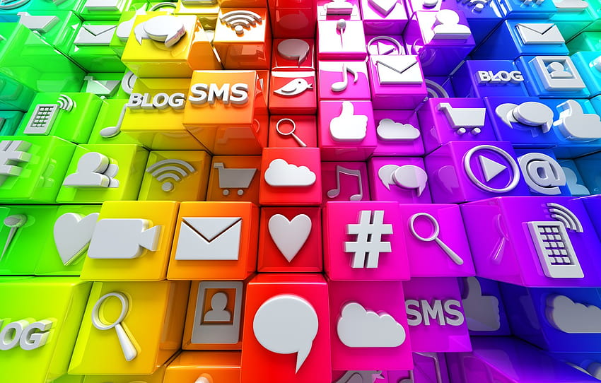 cubes, colorful, Internet, icons, cubes, icons, social network, media, social , section рендеринг, social media icons HD wallpaper