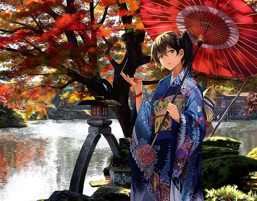 Anime girl antropomorfizm jesień brązowe włosy kimono krótkie włosy bok ogon drzewo woda żółte oczy, jesień brązowe anime Tapeta HD