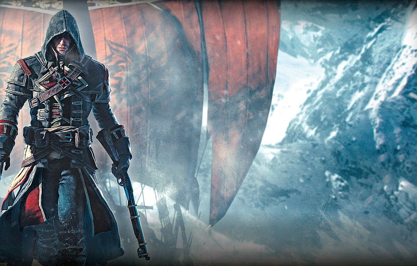 หิมะ, อาวุธ, เรือ, น้ำแข็ง, มือ, หมวกคลุมศีรษะ, Templar, ใบเรือ, นักฆ่า, Ubisoft, เกม, Shay Patrick Cormac, Assassin's Creed: Rogue , ส่วนเกม วอลล์เปเปอร์ HD