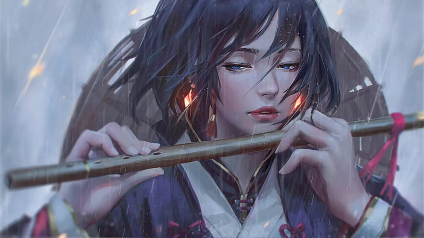 Chica con flauta bajo la lluvia Anime Live, chica y flauta fondo de pantalla