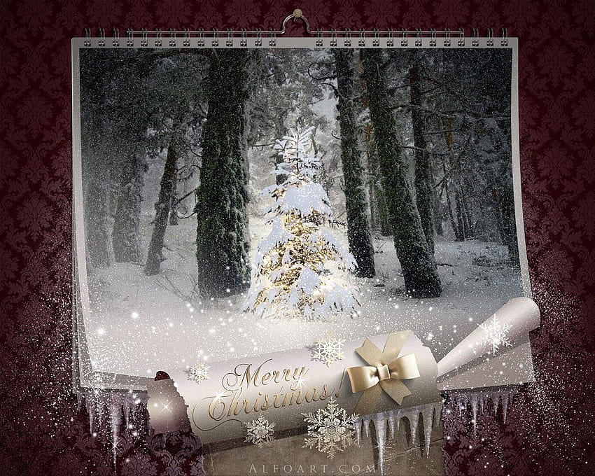 Wróżkowa noc świąteczna, magiczny kalendarz ścienny, efekt padającego śniegu, tradycyjna kartka świąteczna., zawinięty papier, efekt narożnika, podarty papier, papier dziurkowany, jasny motyw, klasyczny styl motywu, tradycyjne życzenia bożonarodzeniowe Tapeta HD