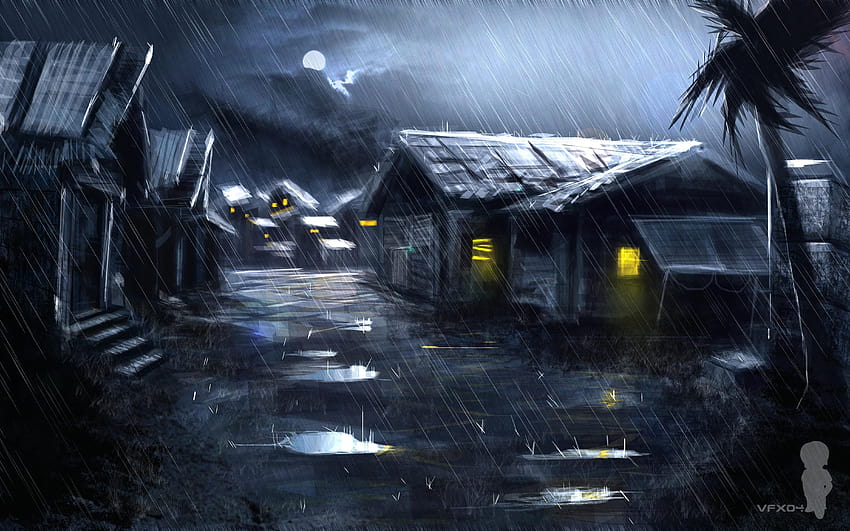 Pluie oeuvre christian quinot village, pluie la nuit Fond d'écran HD
