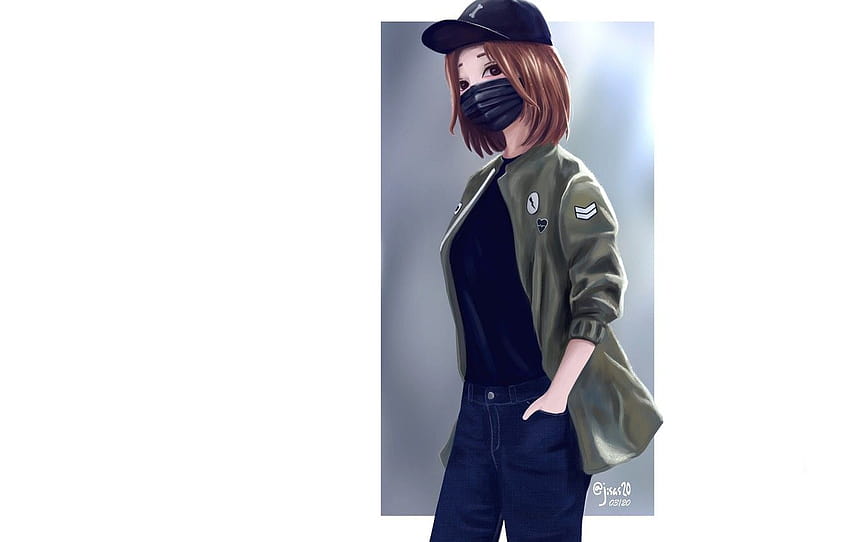 girl, jeans, jacket, white background, baseball cap, medical face mask, by dante rh , section арт, anime wearing caps HD wallpaper