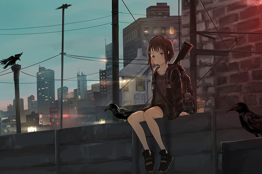 2560x1700 Chica anime Sentada sola Techo Triste Chromebook Pixel, anime city girl alone fondo de pantalla
