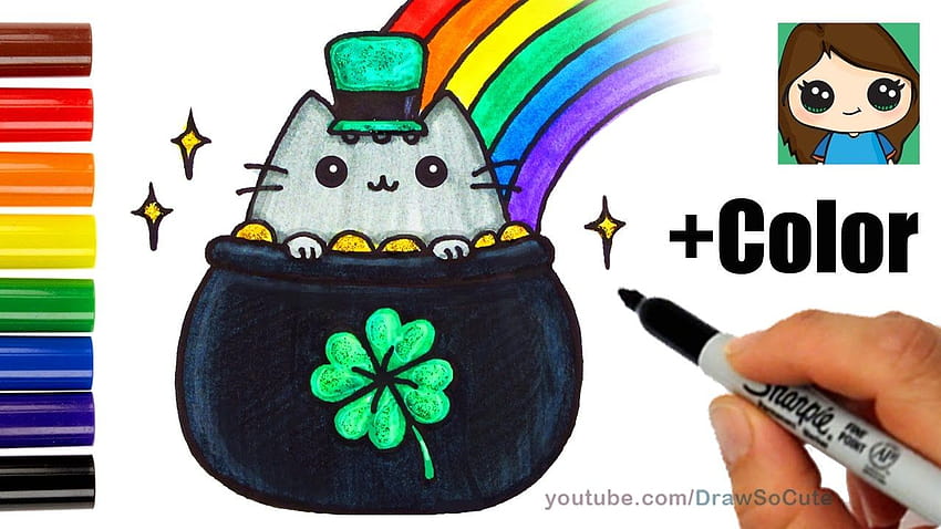 Wie man mit Malvorlagen ganz einfach eine Pusheen-Katze zum St. Patrick's Day zeichnet HD-Hintergrundbild
