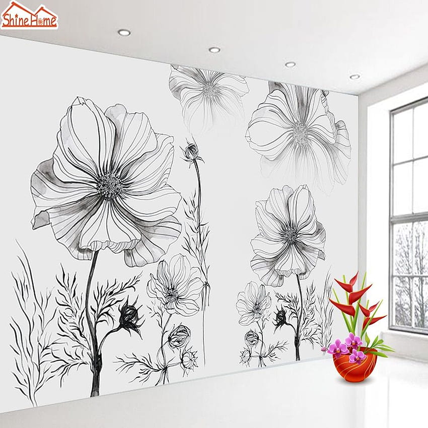 Siyah Beyaz Çiçek Duvar Kağıtları Ev Dekorasyonu 3d Oturma Odası Çocuklar için Temas Duvarları Kağıt Duvar leri Ruloları HD telefon duvar kağıdı