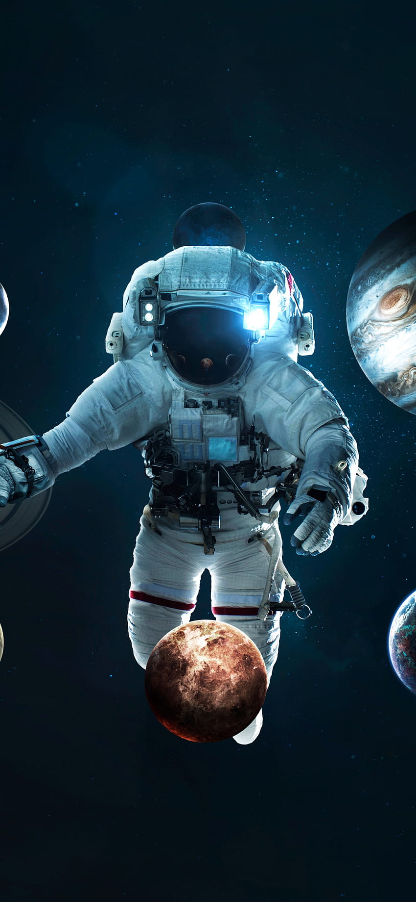 Astronauta, sistema planetario, traje espacial, viaje espacial, espacio, astronauta móvil fondo de pantalla del teléfono