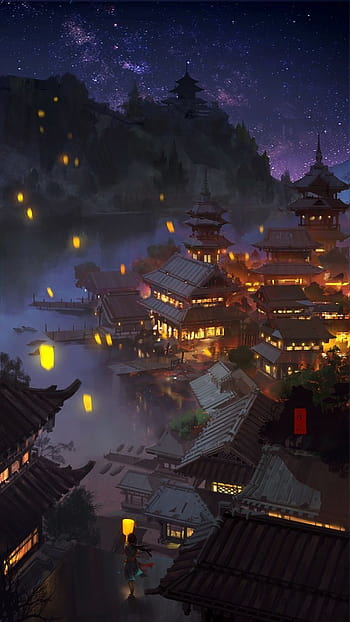 Chinese House Night Moon Scenery 4K Wallpaper iPhone HD Phone #8381m