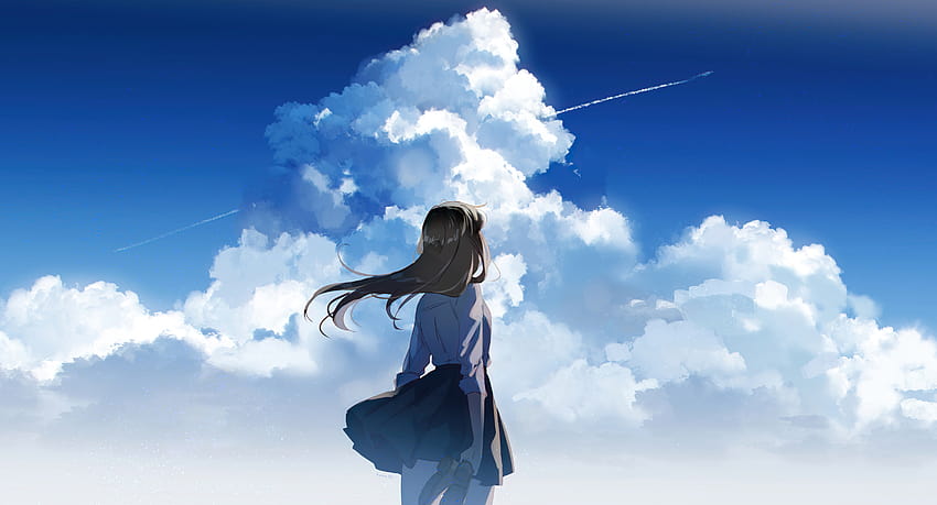 Anime School Girl กำลังดูท้องฟ้าแจ่มใส อะนิเมะ พื้นหลัง และ อะนิเมะสาวท้องฟ้า วอลล์เปเปอร์ HD