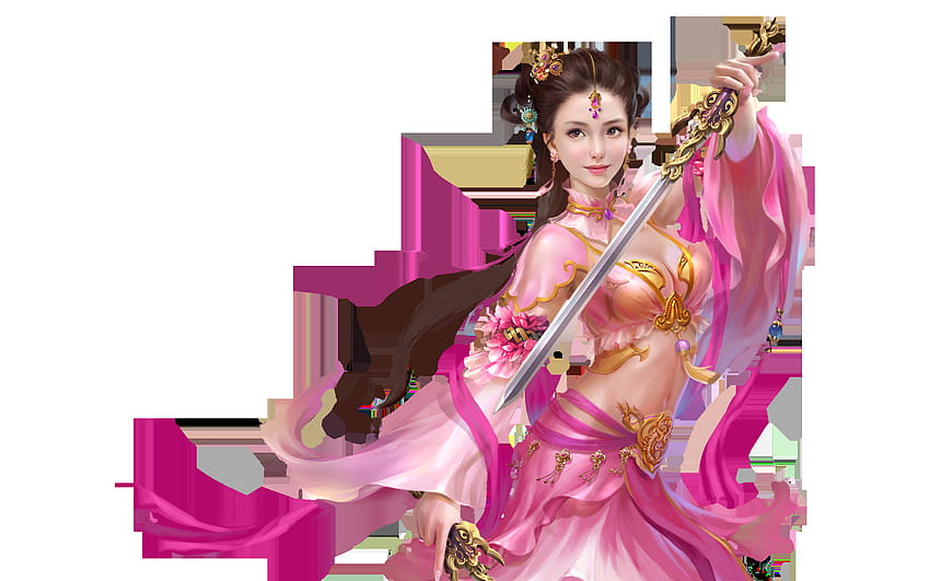 Beautiful Girl Pink Silk Pakaian Perhiasan Pedang Di Tangan Asia, seni wanita asia Wallpaper HD
