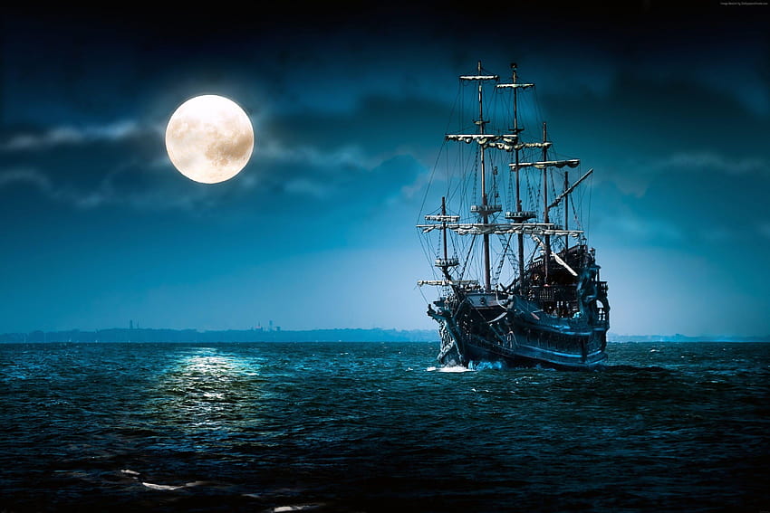 Nave pirata sotto la luna piena digitale, nave pirata Sfondo HD
