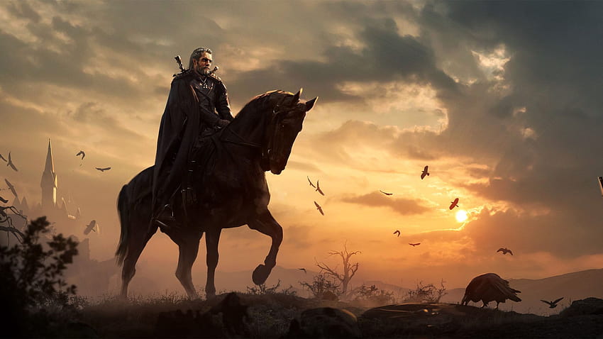 The Witcher 3: Wild Hunt、馬、日没、鳥 2560x1440 Q 高画質の壁紙