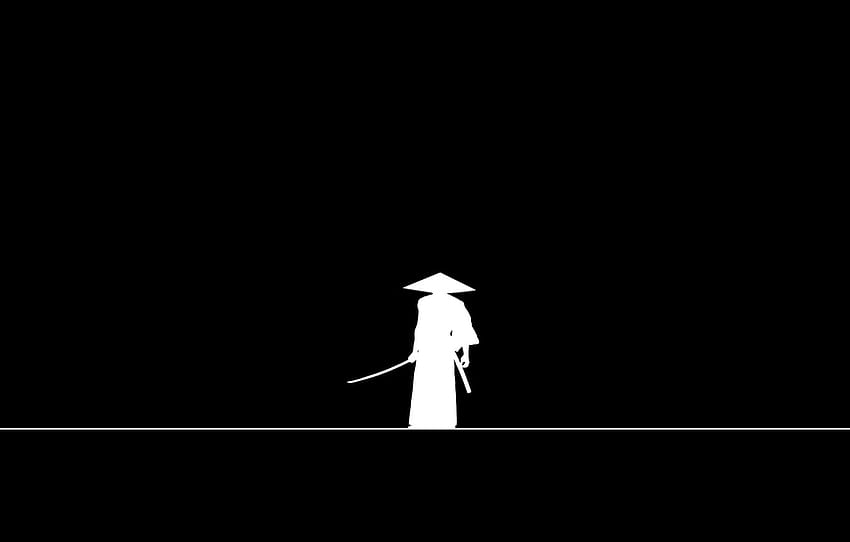 sword, minimalism, weapon, hat, line, katana, man, black background, Samurai, warrior, silhouette, kimono, simple backgrounds , section минимализм, black and white samurai HD wallpaper