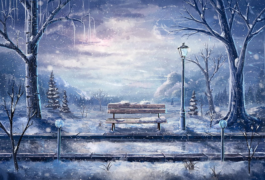 2935418 artwork bench winter snow street light road sylar Wallpaper HD