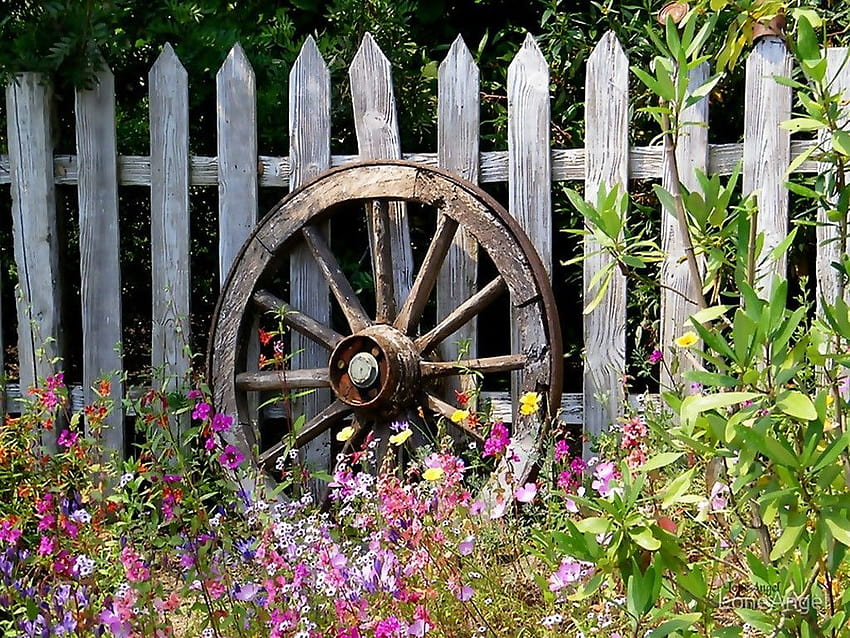 Misc: Country Garden Flowers Nature Wagon Floral Wheel Fence, garden fence HD wallpaper
