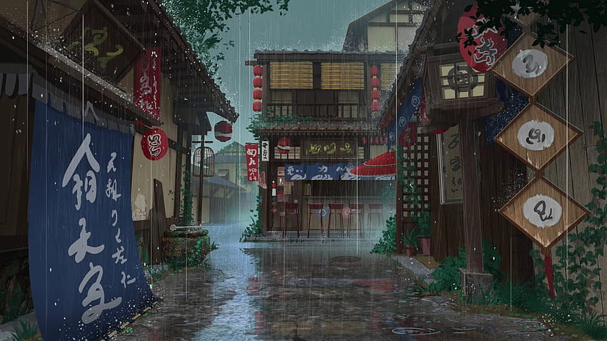 Аниме Rain Loop, есенен градски дъжд HD тапет