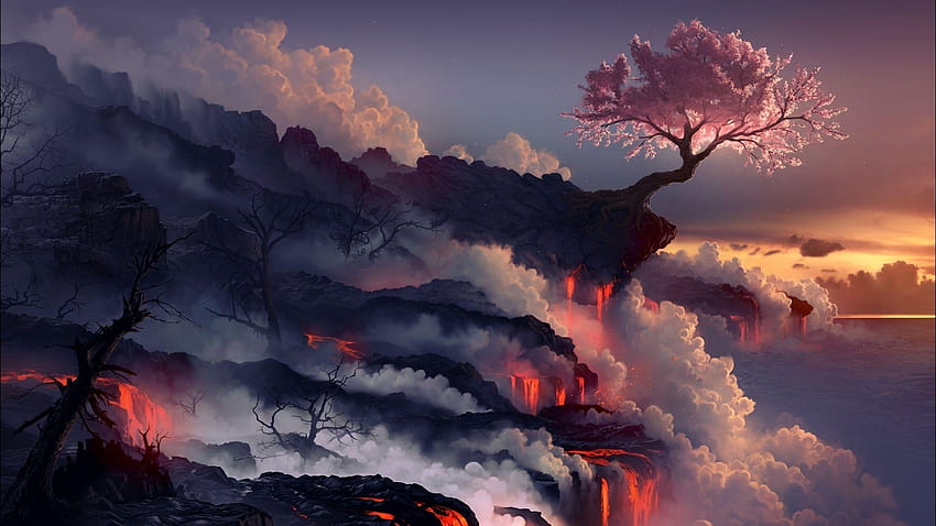 1920x1080 eruption, lava, volcano, oriental, cherry tree HD wallpaper