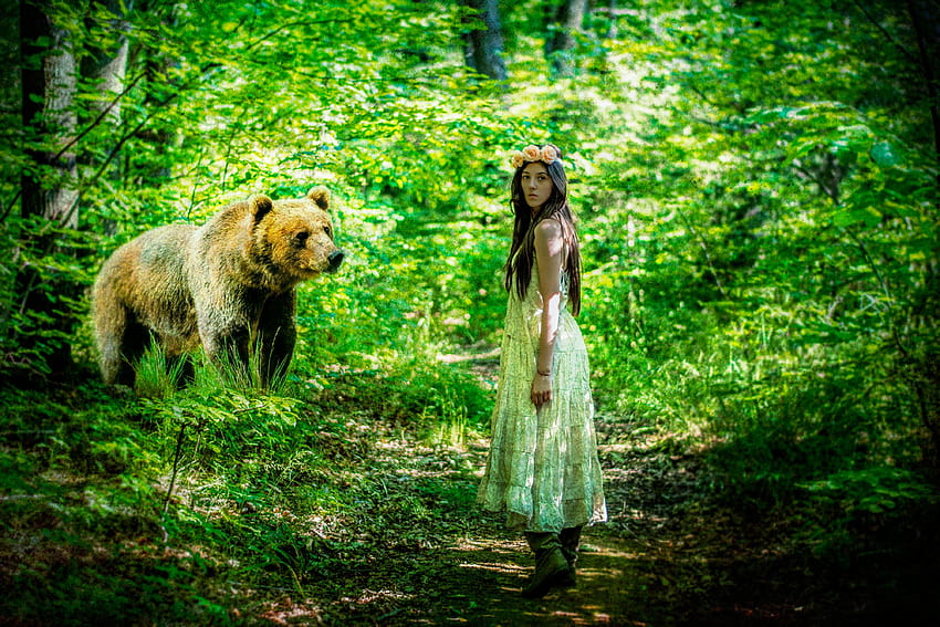 girl, Bear, Fantasy, Situation, Forest / and, forest bear HD wallpaper