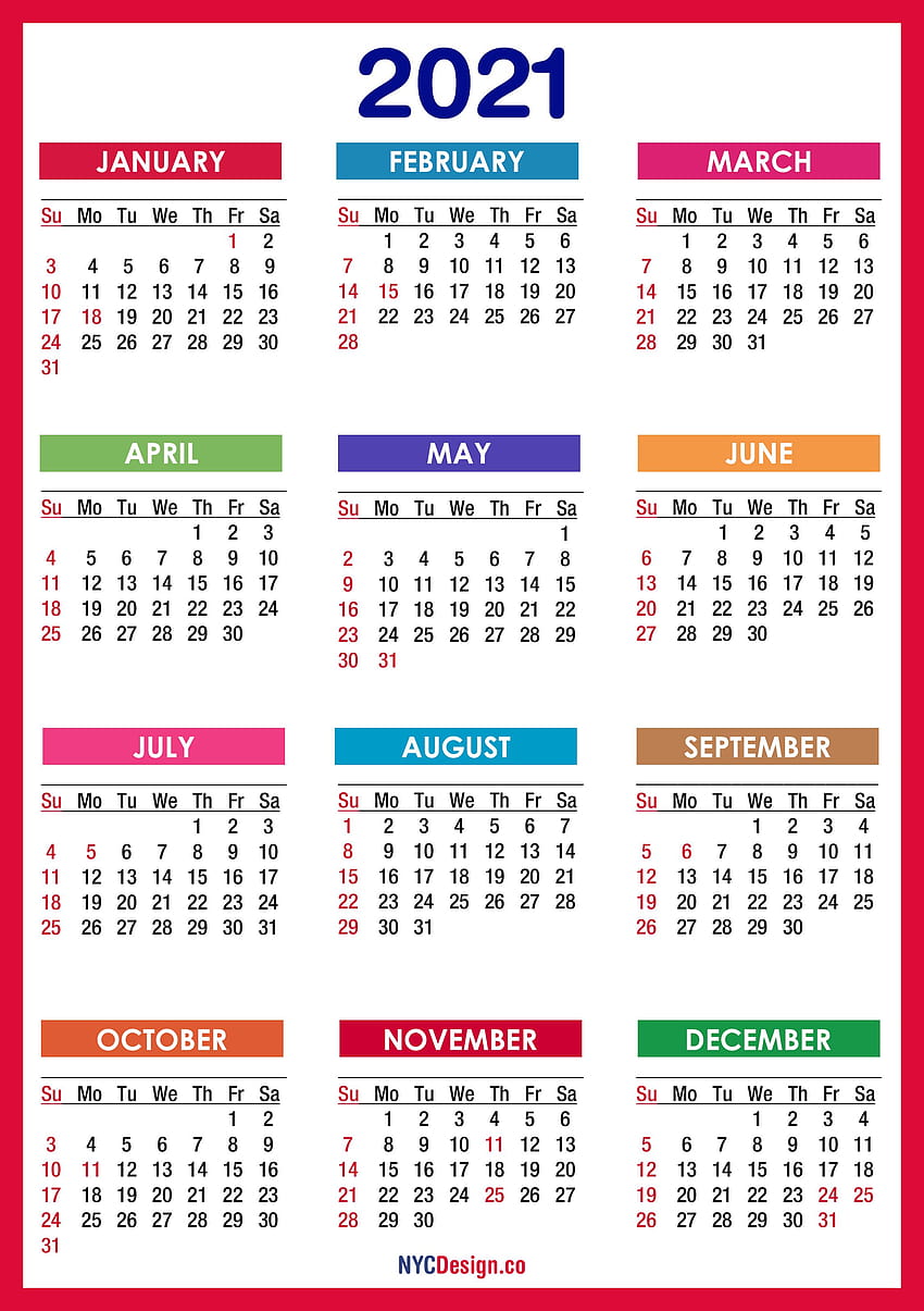 2021 Calendar with Holidays, Printable , PDF, Colorful, Red, Orange – Sunday Start – NYCDesign.co, february 2021 calendar HD phone wallpaper