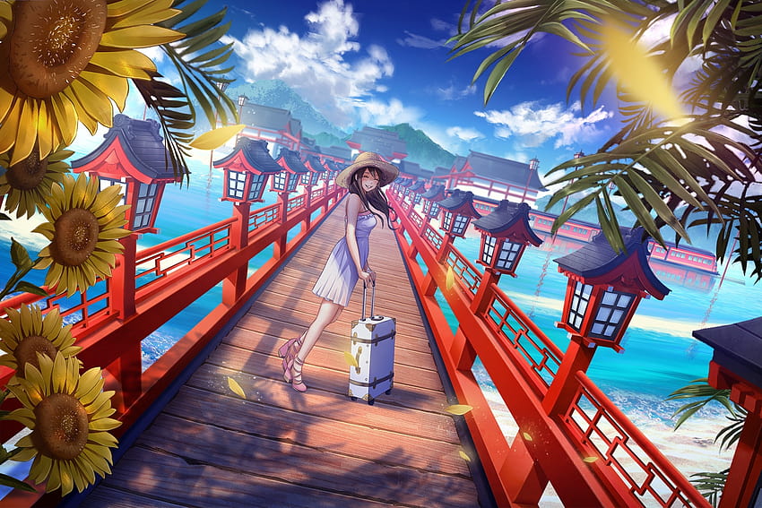 Japan Traditional Buildings, Summer, Bridge, Anime Girl, summer anime pc HD wallpaper
