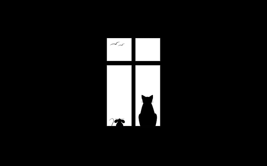 Silueta de gato y ratón en ventana, gato negro minimalista fondo de pantalla