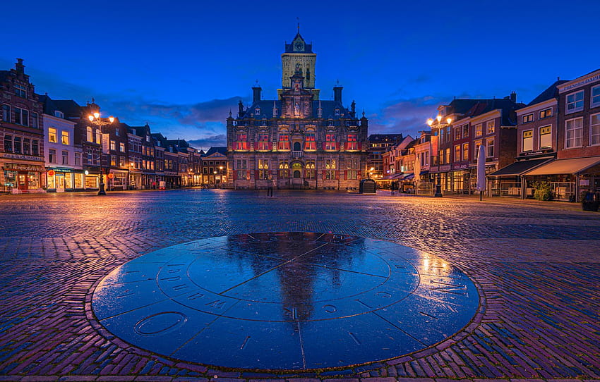 building, home, area, Netherlands, night city, town hall, Netherlands, Delft, Delft , section город HD wallpaper